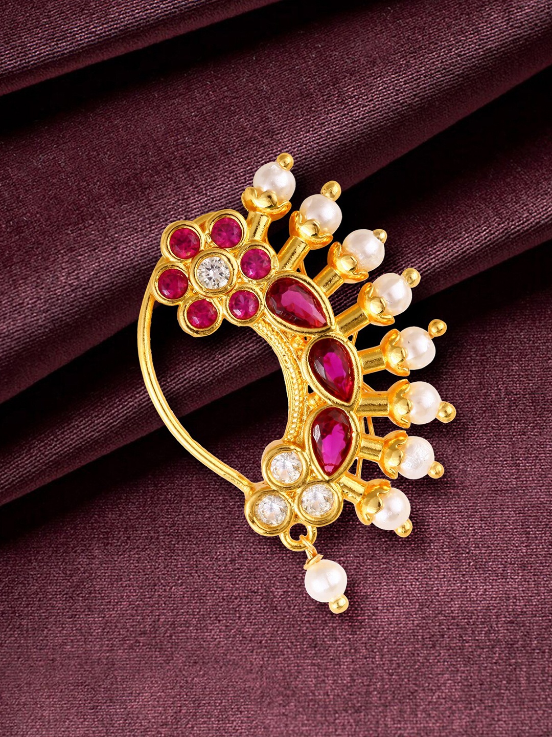 

Vighnaharta Set Of 2 Gold-Plated Pearl Beaded Nosepin, Red