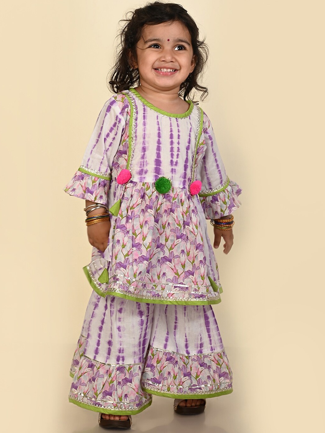 

LIL PITAARA Girls Floral Printed Empire Gotta Patti Pure Cotton Kurta With Sharara, Purple