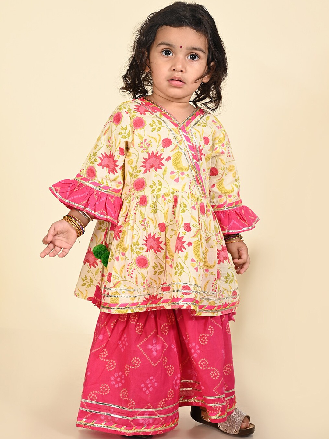 

LIL PITAARA Girls Floral Printed Empire Gotta Patti Pure Cotton Kurta With Sharara, Cream