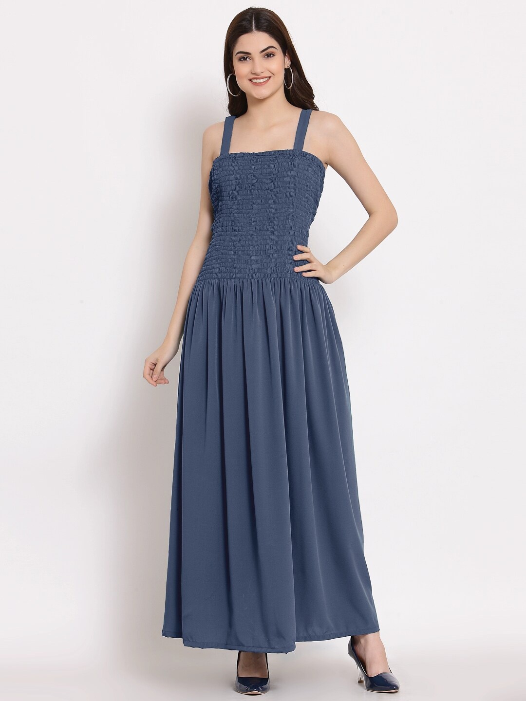 

PATRORNA Plus Size Smocked Fit & Flare Cotton Maxi Dress, Grey