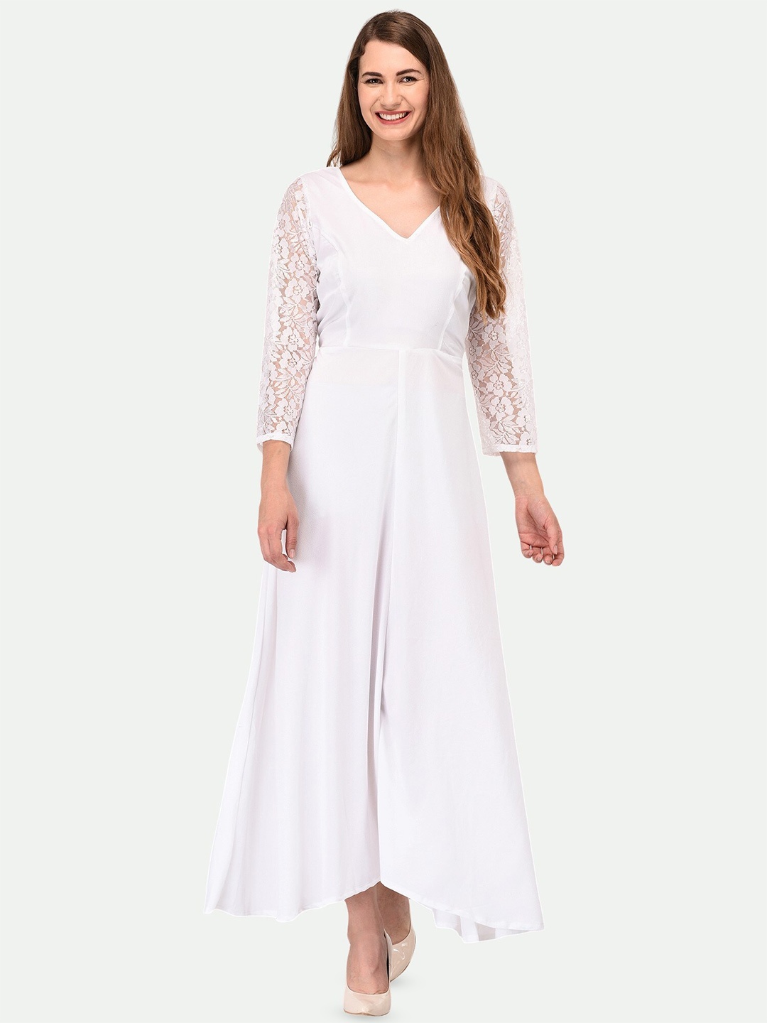 

PATRORNA V-Neck Lace Inserts Maxi Dress, White