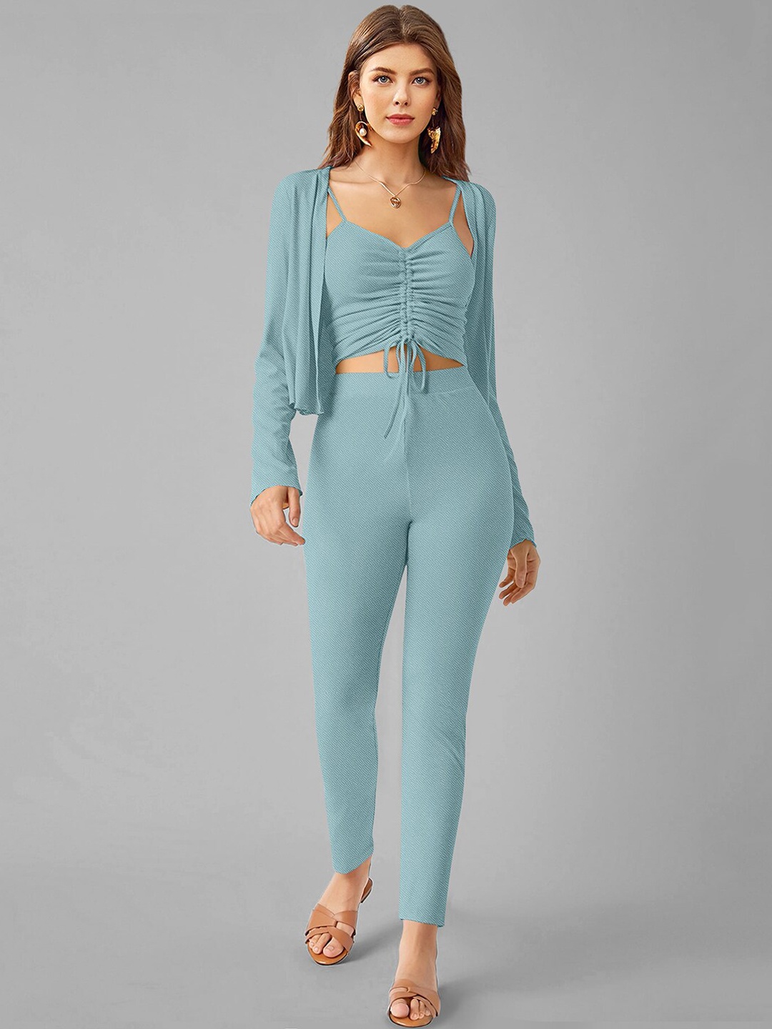 

FAVRIZ Ruched Tie Up Crop Top & Trousers With Shrug, Blue