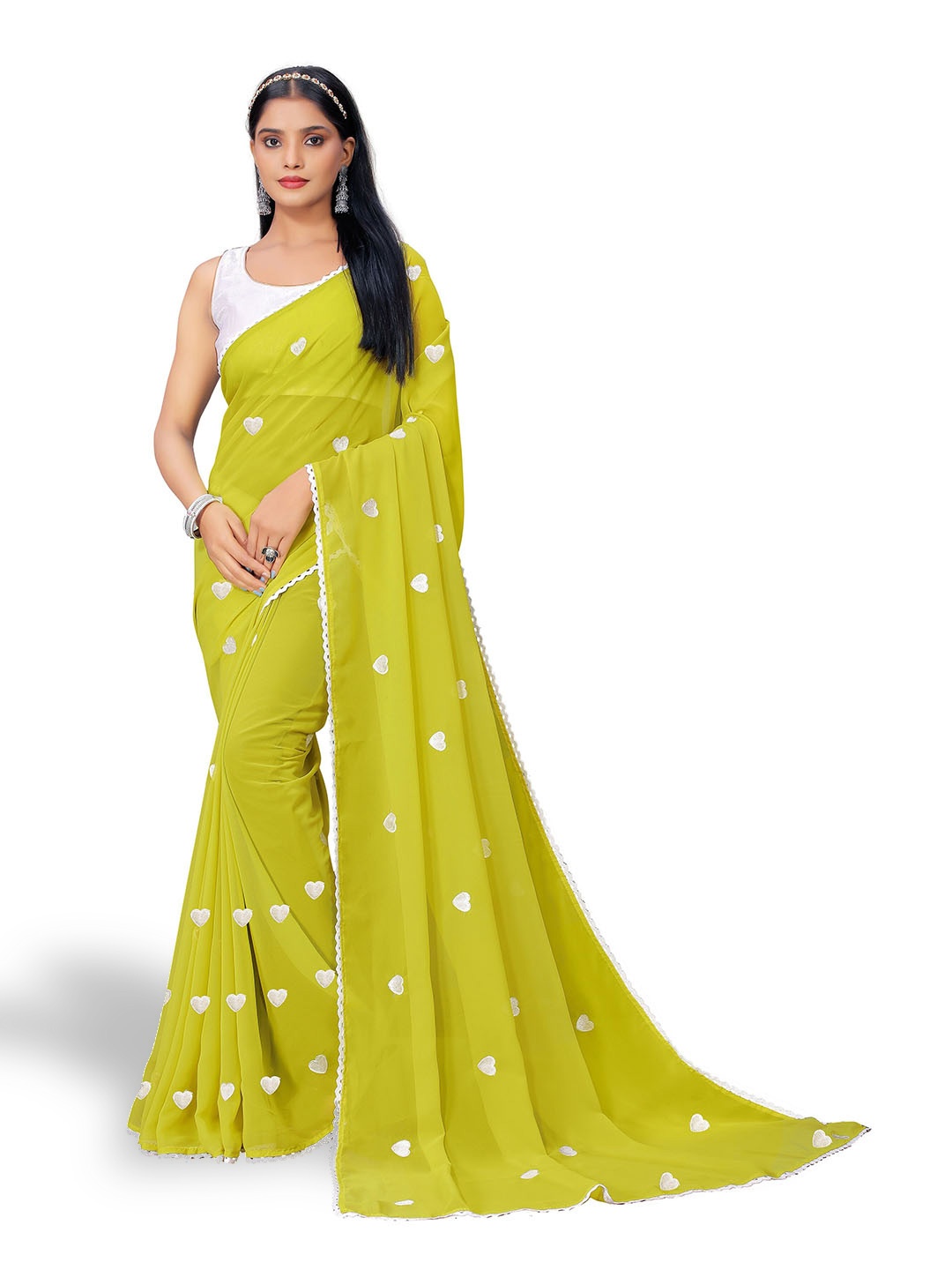 

Vaidehi Fashion Conversational Embroidered Pure Georgette Saree, Lime green