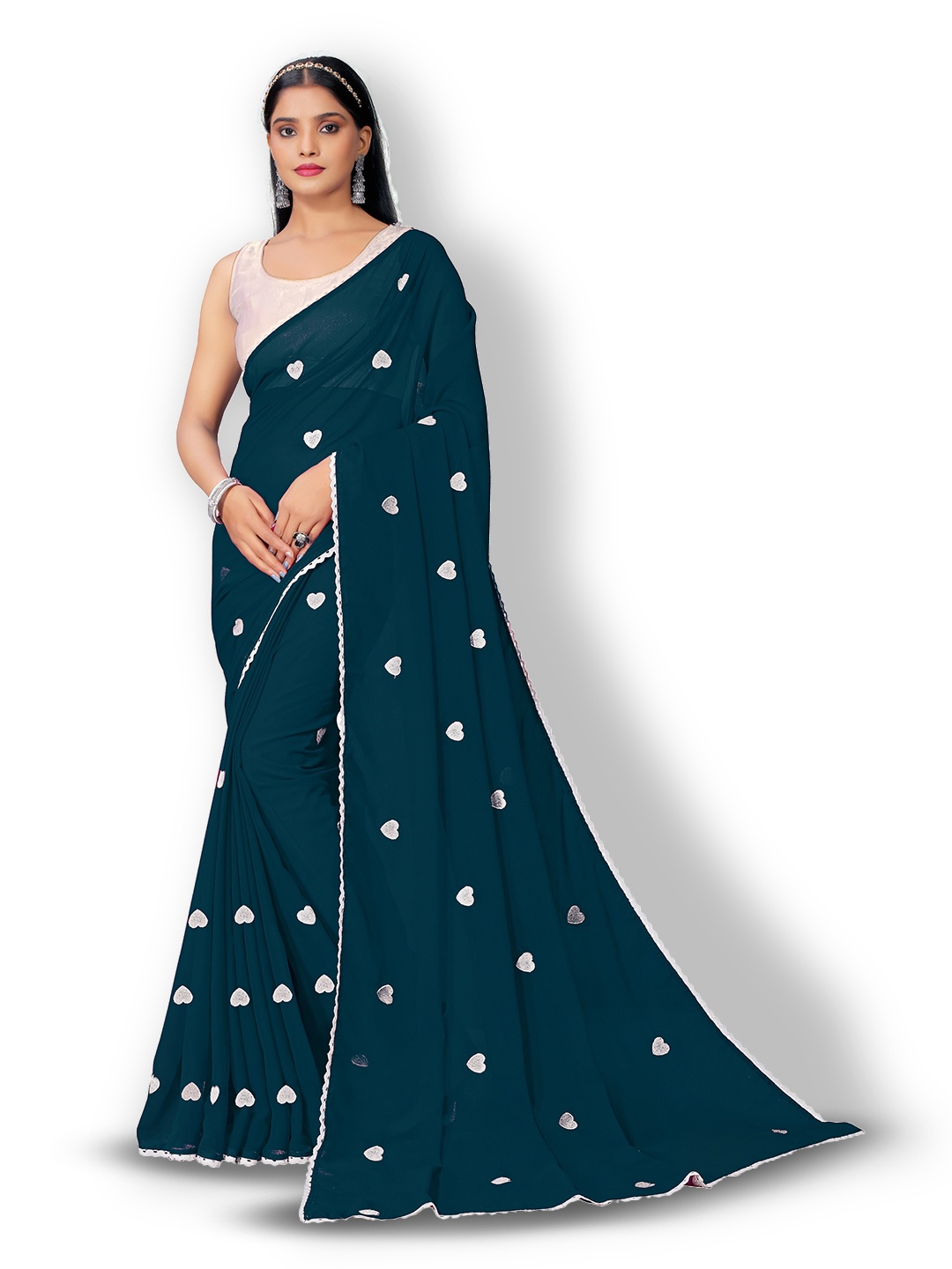 

Vaidehi Fashion Floral Embroidered Pure Georgette Saree, Teal