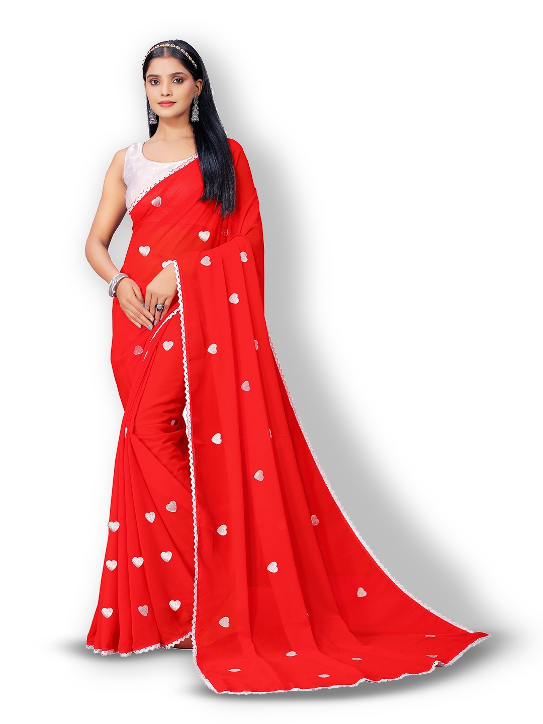 

Vaidehi Fashion Conversational Embroidered Pure Georgette Saree, Red