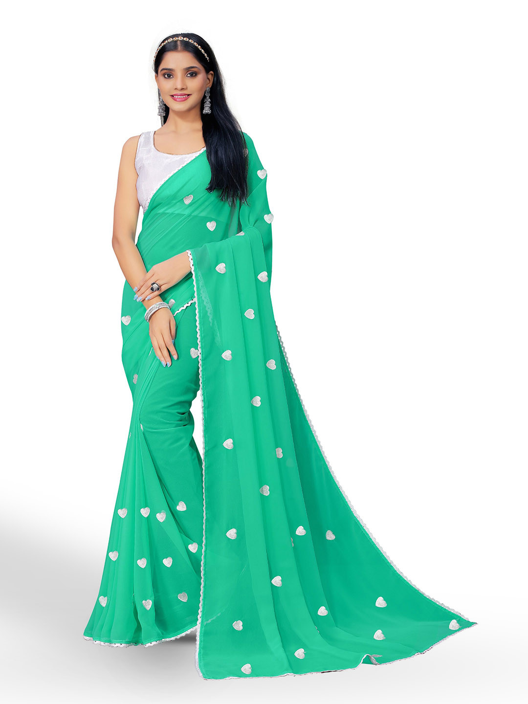

Vaidehi Fashion Floral Embroidered Pure Georgette Saree, Sea green
