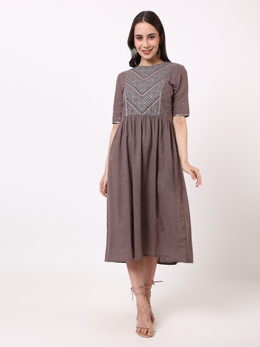 

UNTUNG Ethnic Motifs Printed Embroidered Fit & Flare Cotton Midi Dress, Grey