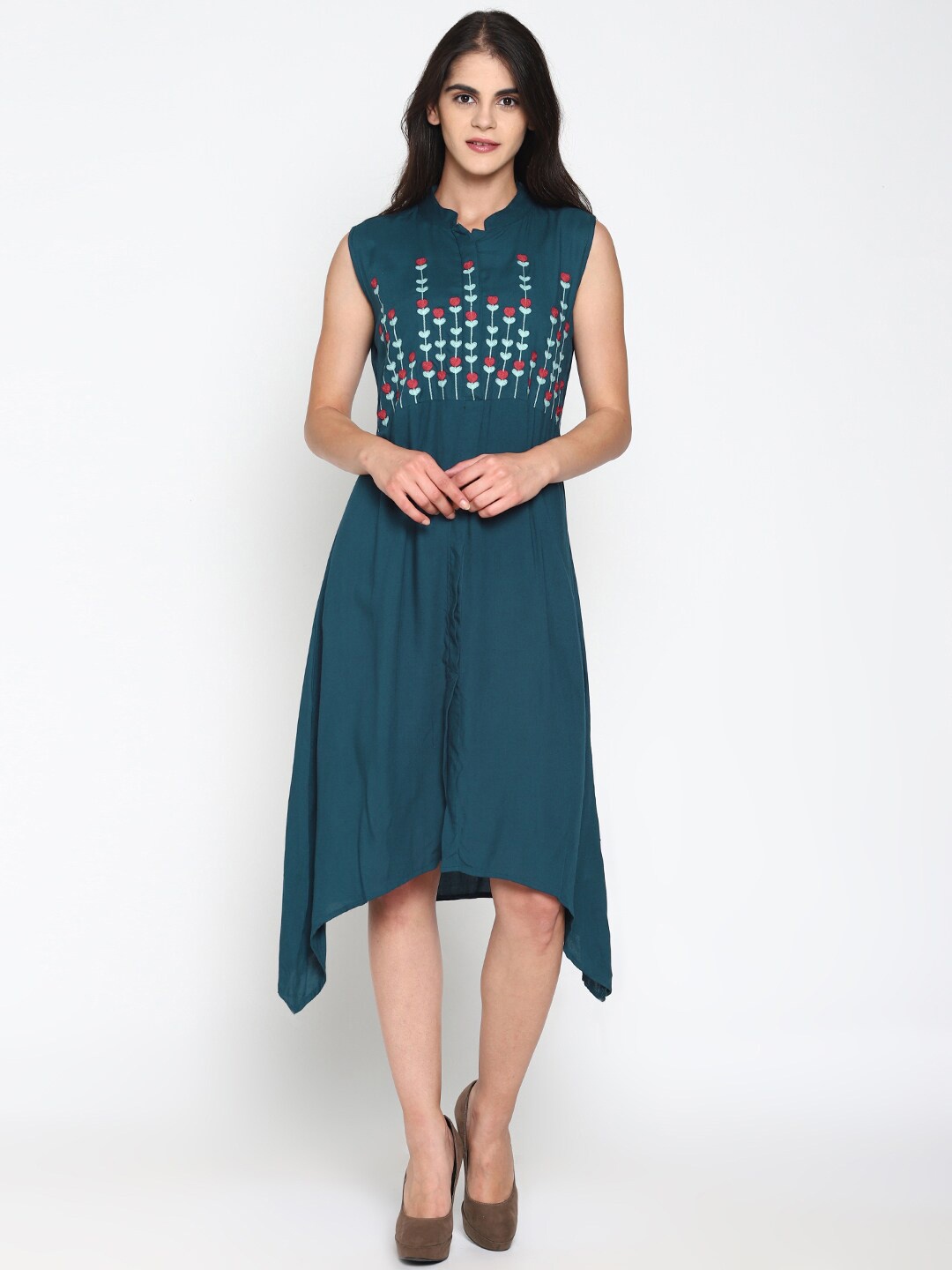 

UNTUNG Embroidered Cotton A-Line Dress, Teal