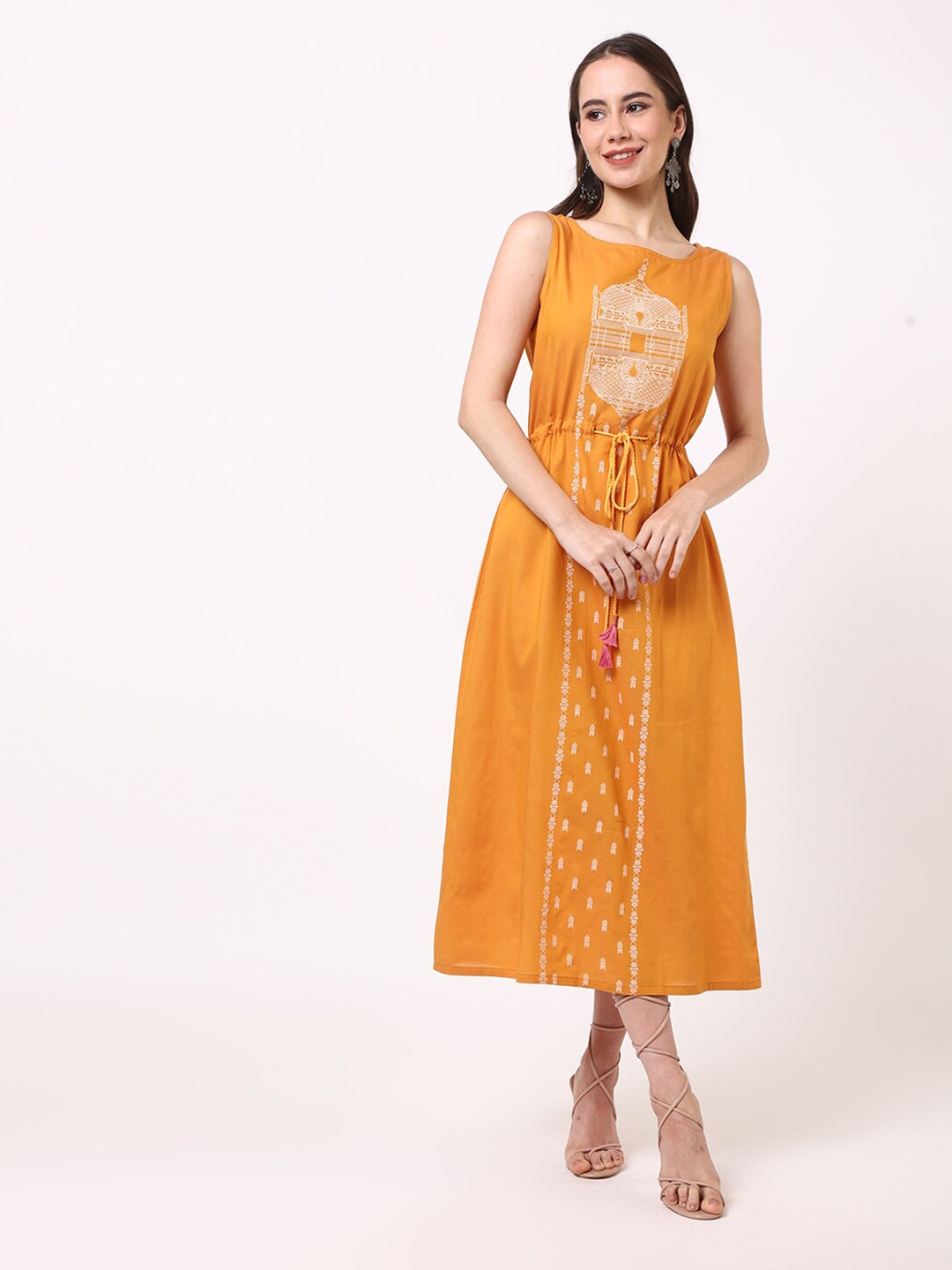 

UNTUNG Ethnic Motifs Printed Sleeveless A-Line Midi Ethnic Dress, Mustard