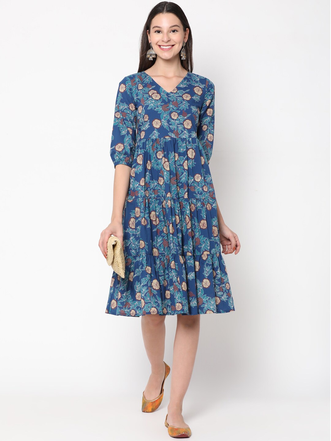 

UNTUNG Ethnic Motifs Print Puff Sleeved Cotton Tiered Fit & Flare Dress, Blue