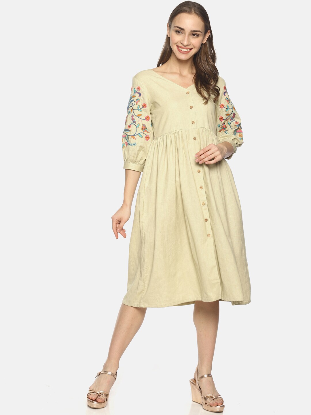 

UNTUNG Floral Embroidered Cotton A-Line Dress, Beige