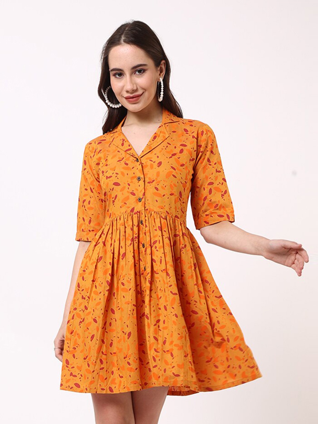 

UNTUNG Abstract Print Lapel Collar Cotton Fit & Flare Dress, Mustard