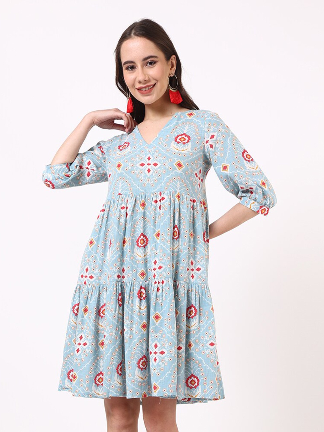 

UNTUNG Ethnic Motifs Print Tiered Fit & Flare Dress, Blue