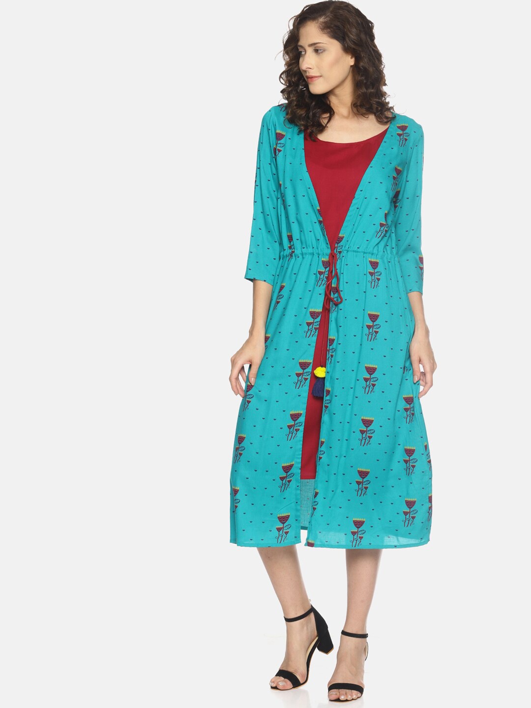 

UNTUNG Round Neck A-Line Ethnic Dress With Printed Longline Shrug, Turquoise blue