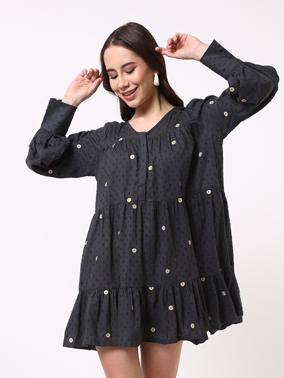 

UNTUNG Self Design Puff Sleeve Fit & Flare Mini Dress, Charcoal