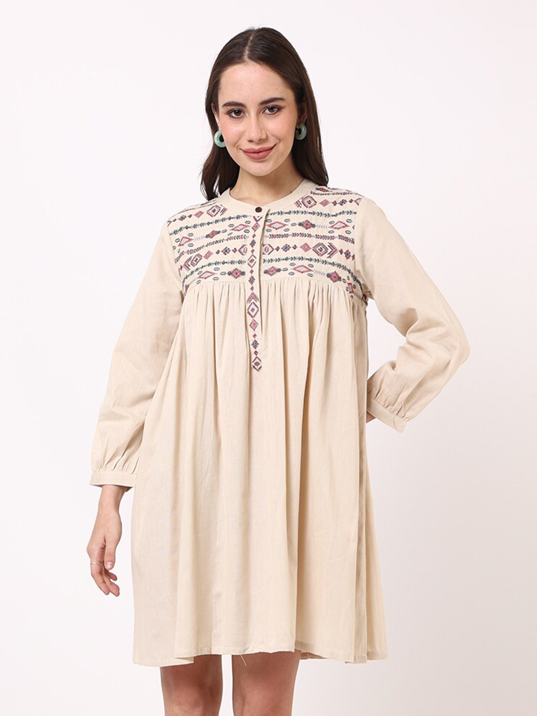 

UNTUNG Embroidered Full Sleeve Cotton A-Line Dress, Beige