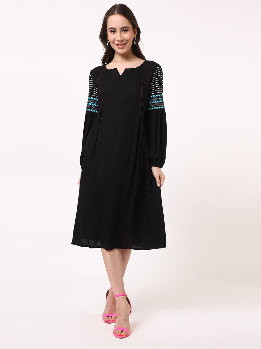 

UNTUNG Pleated Cotton A-Line Midi Dress, Black