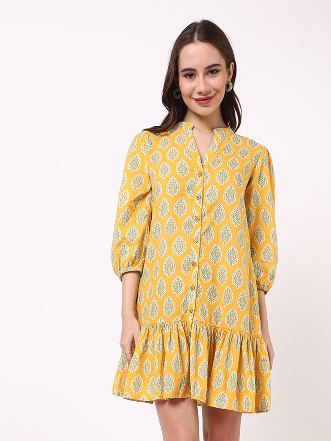 

UNTUNG Ethnic Motifs Print Puff Sleeve Cotton Drop-Waist Dress, Yellow