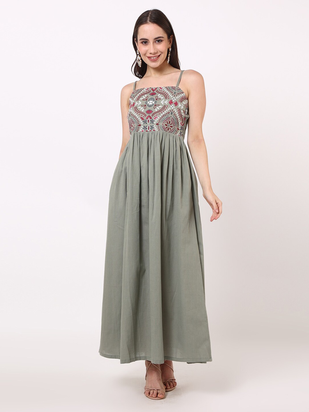 

UNTUNG Ethnic Motifs Embroidered Sleeveless Cotton Maxi Dress, Grey