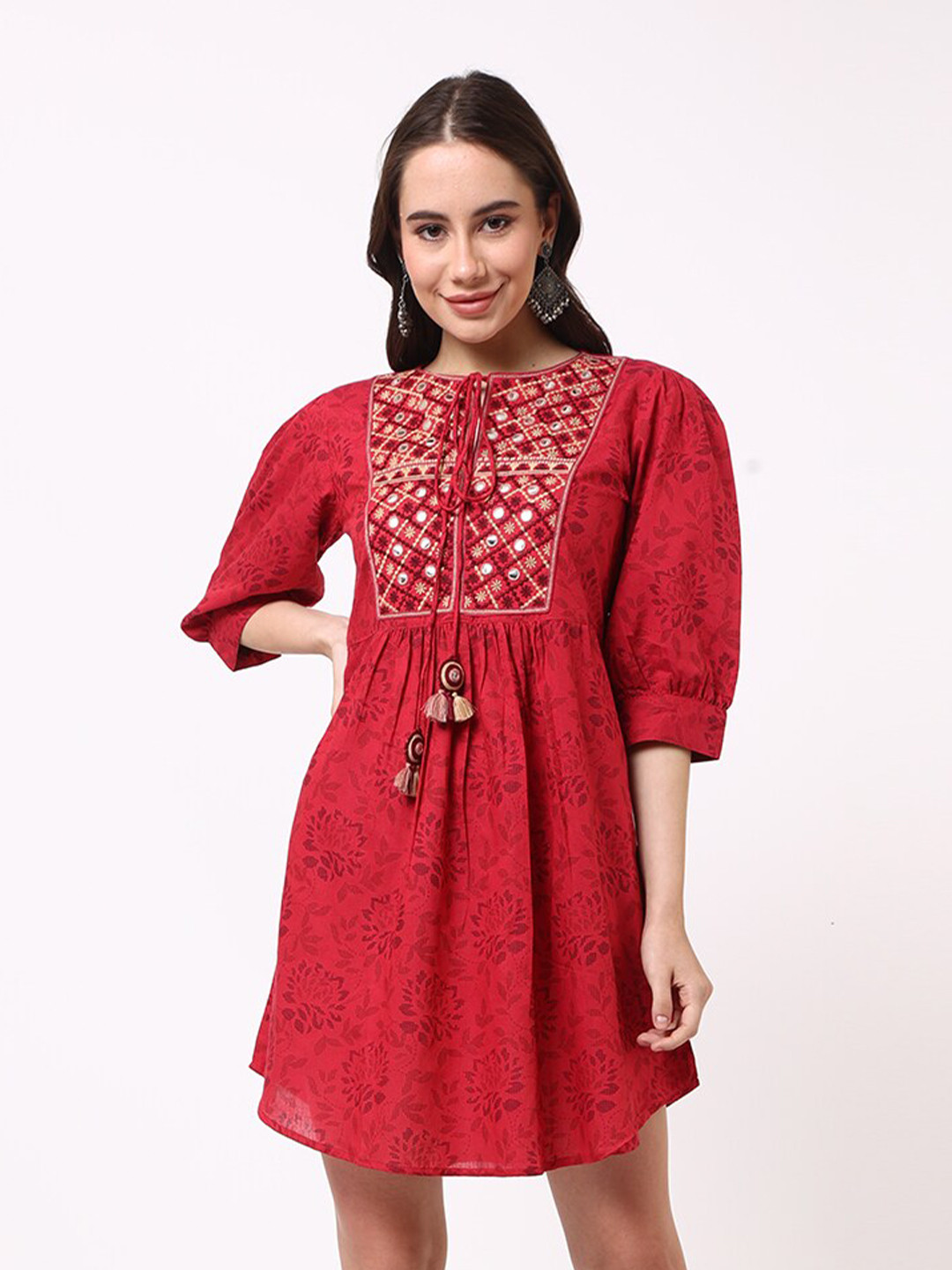

UNTUNG Floral Printed Cotton Mini Fit & Flare Dress, Red
