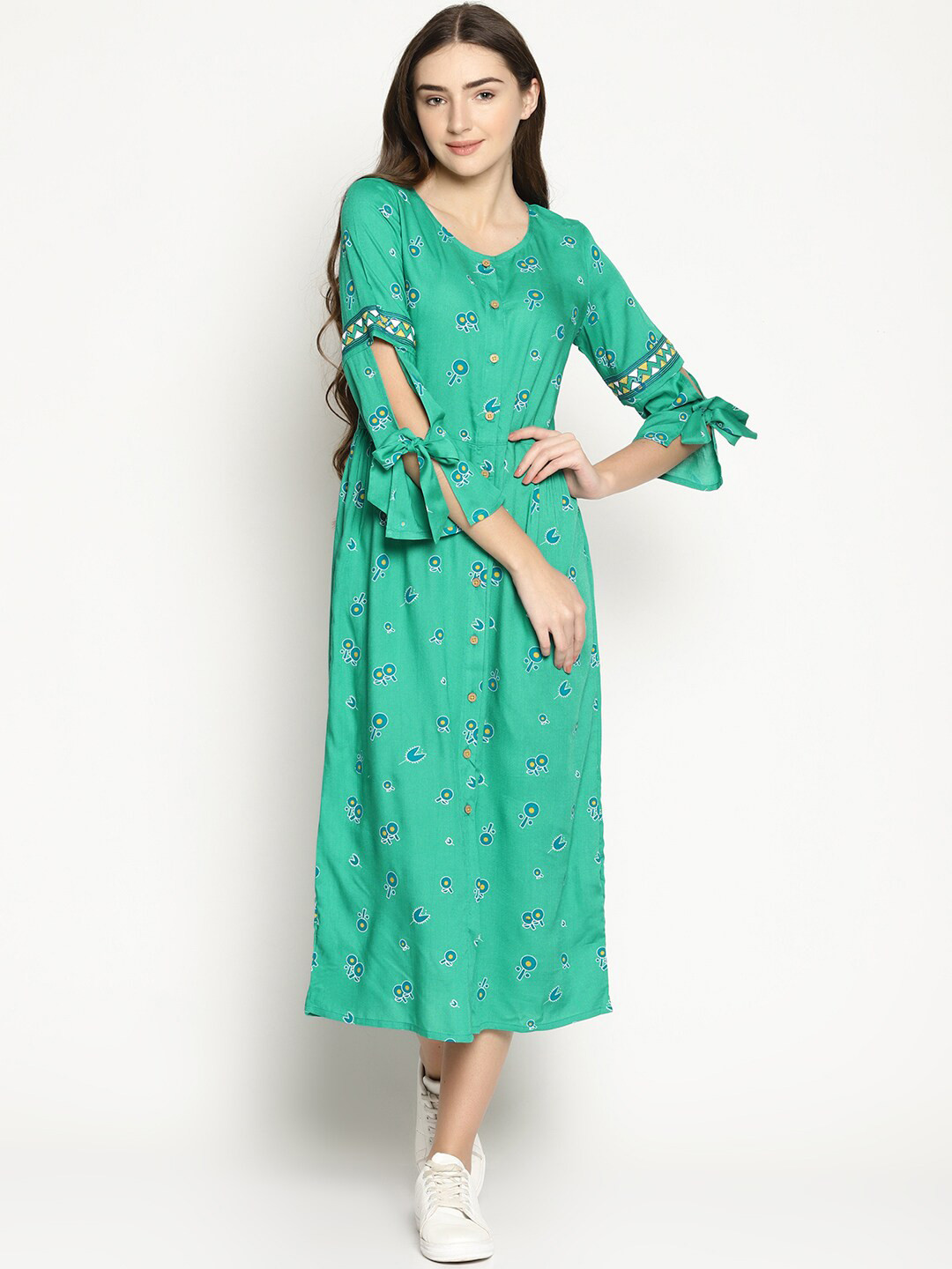 

UNTUNG Floral Print Tie-Up Bell Sleeve Cotton Fit & Flare Dress, Green
