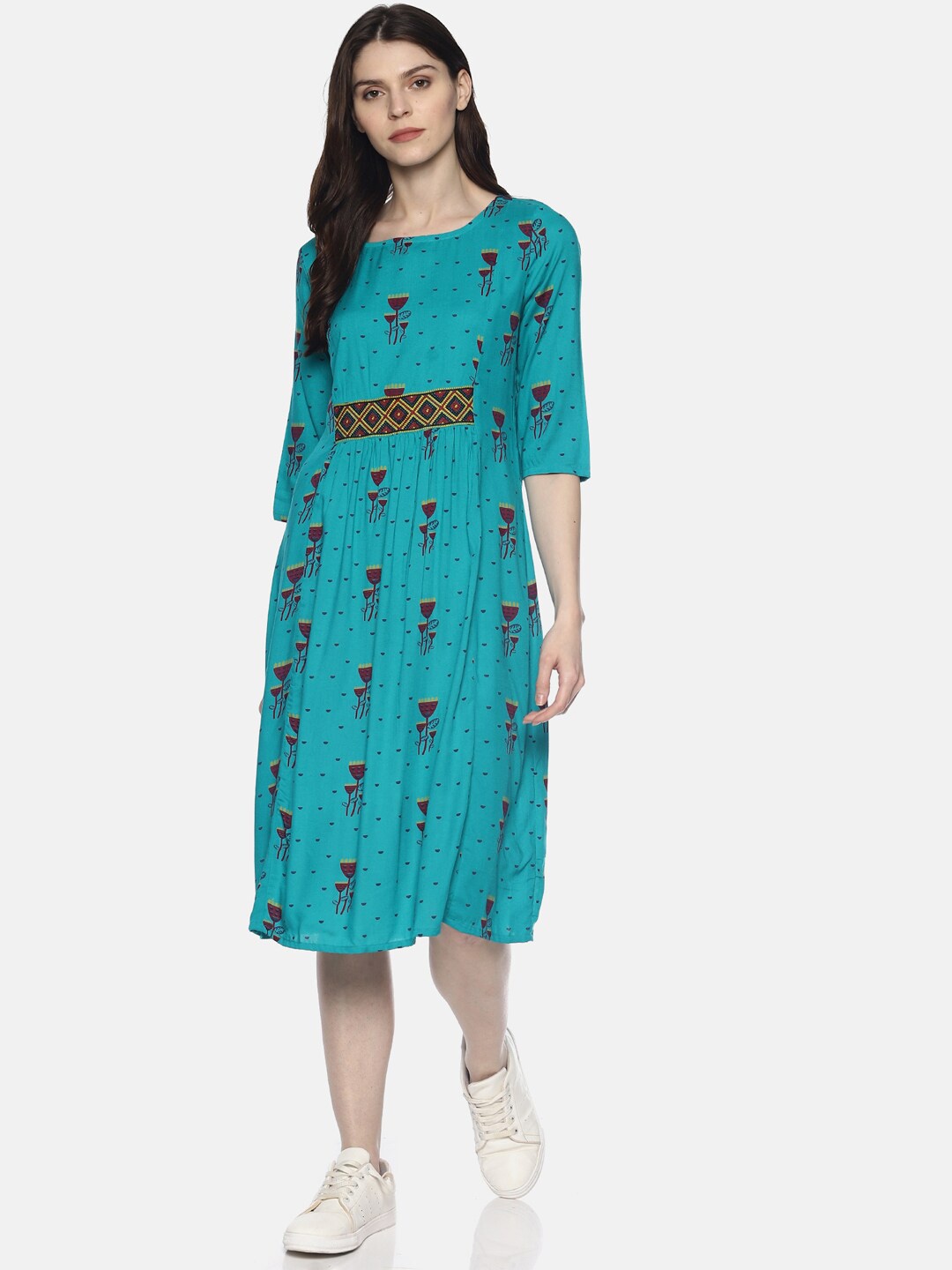 

UNTUNG Printed Cotton A-Line Dress, Turquoise blue