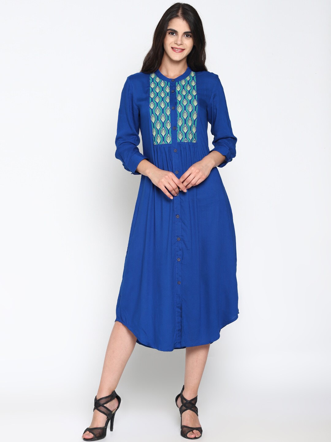 

UNTUNG Embroidered Mandarin Collar Cotton A-Line Midi Dress, Blue