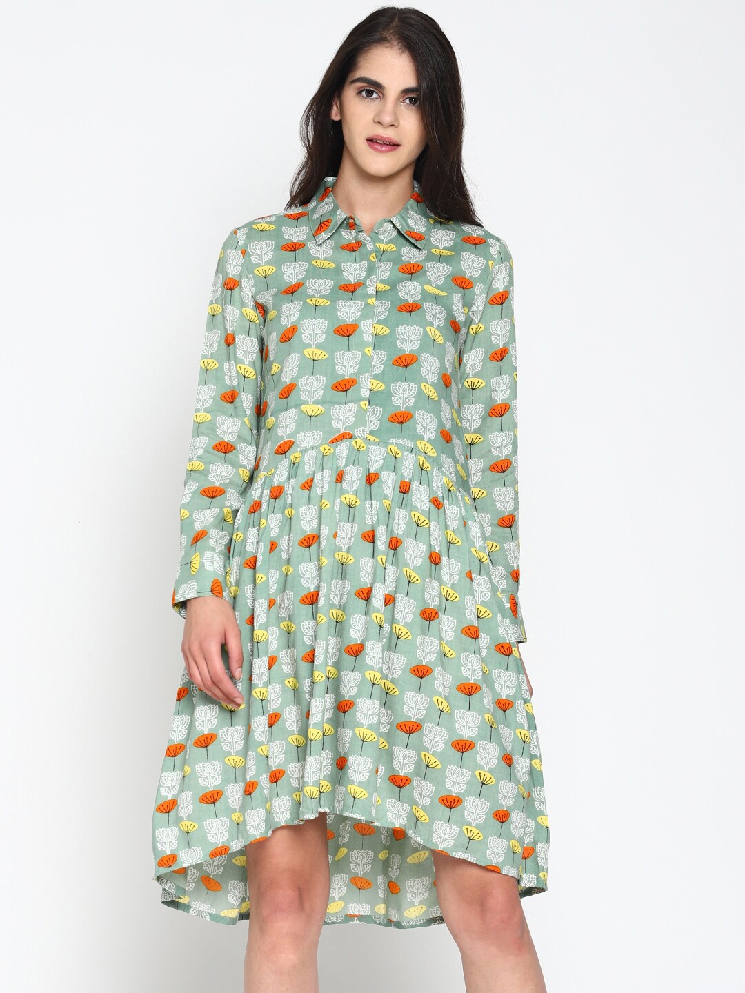 

UNTUNG Floral Print Cotton Shirt Dress, Green