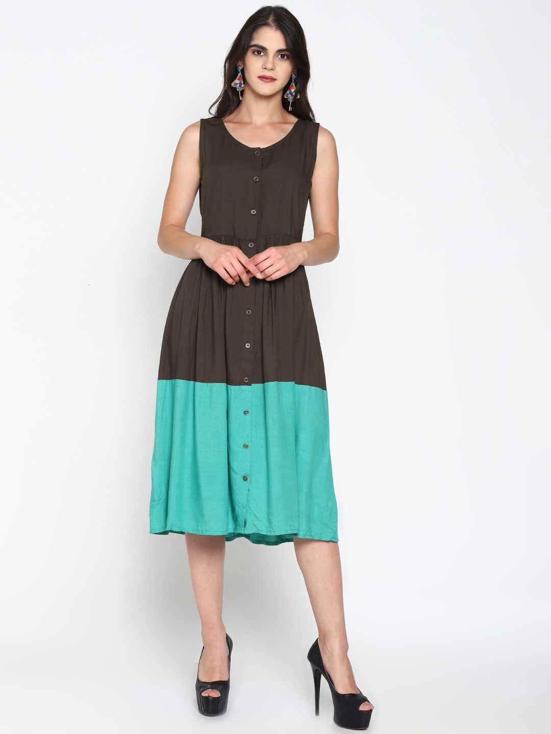 

UNTUNG Colourblocked Sleeveless Cotton Fit & Flare Midi Dress, Charcoal