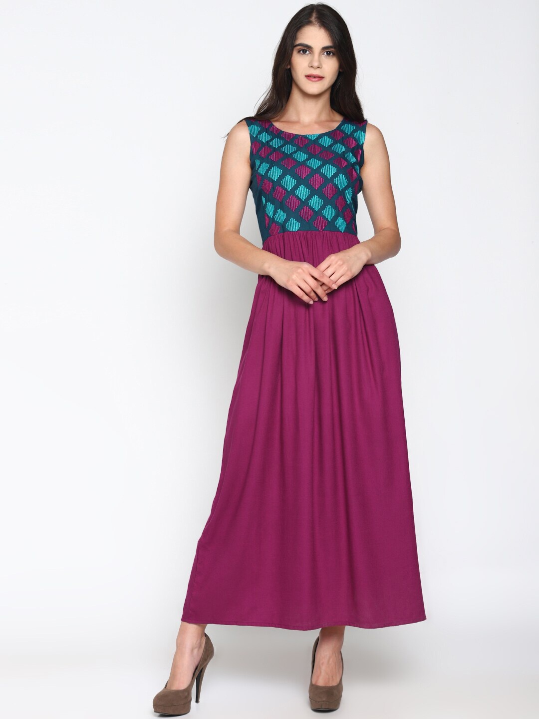 

UNTUNG Ethnic Motifs Embroidered Cotton Maxi Ethnic Dress, Purple