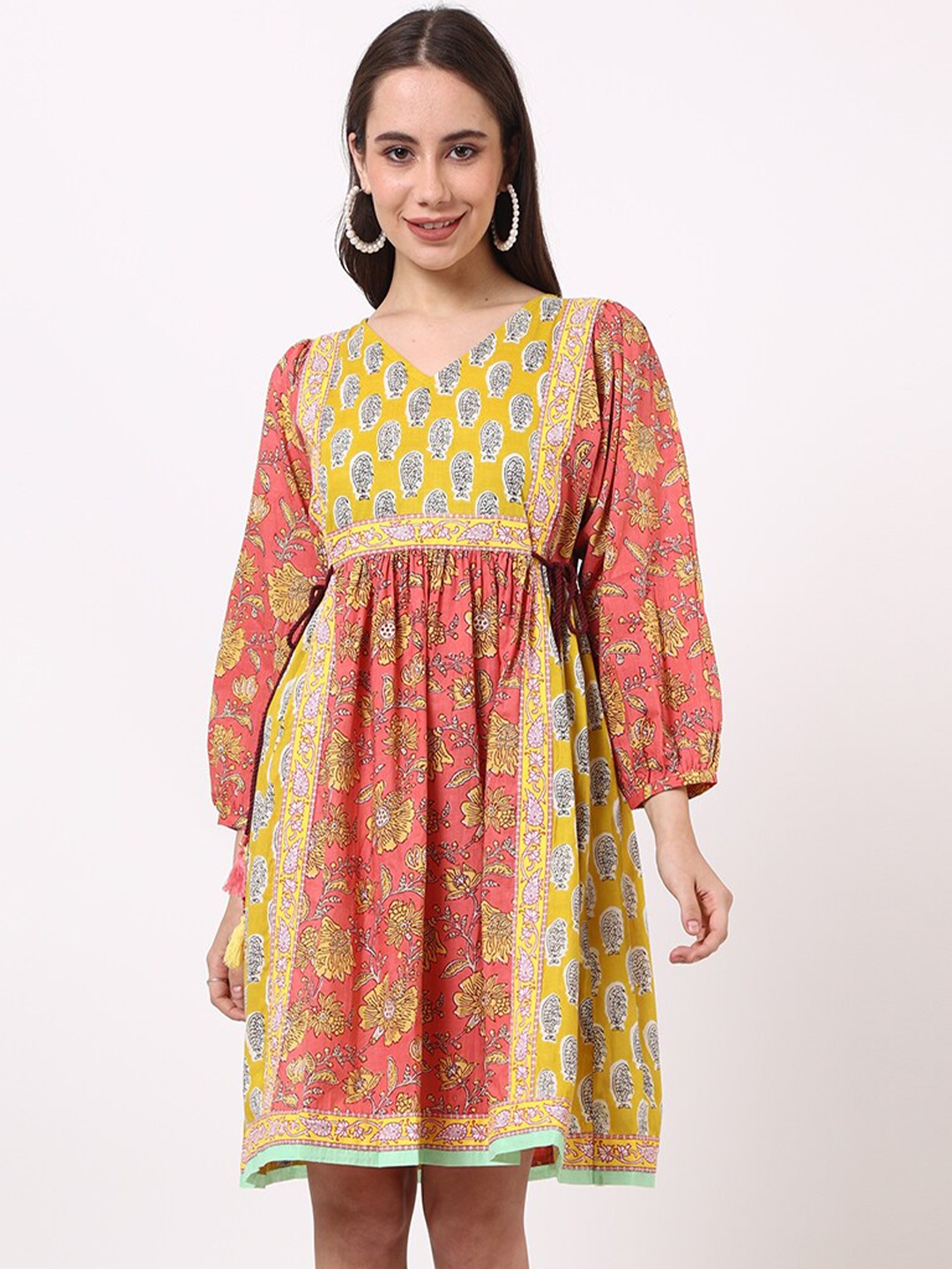

UNTUNG Ethnic Motifs Print Puff Sleeve Cotton Fit & Flare Dress, Yellow