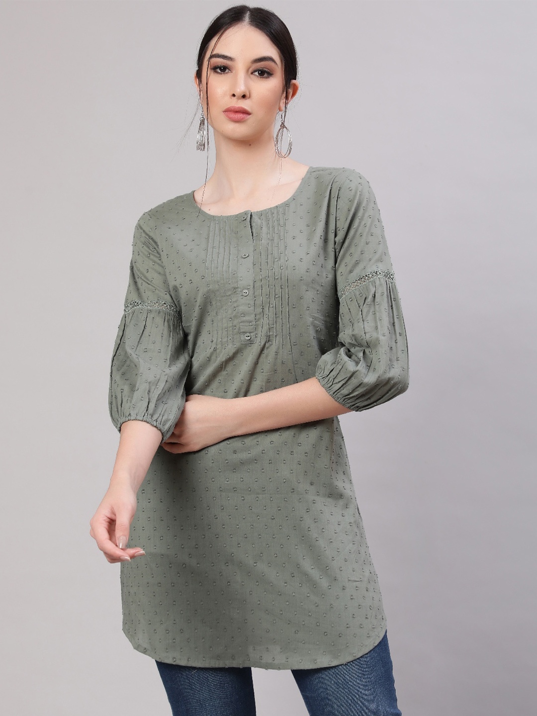 

Nayo Self Design Puff Sleeves Pure Cotton Straight Kurti, Olive