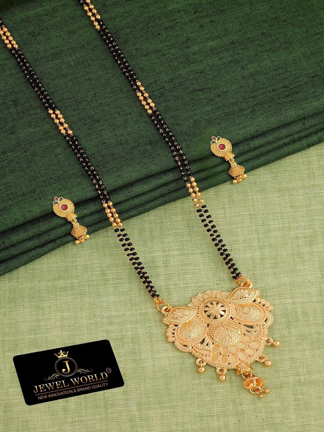 

JEWEL WORLD Gold-Plated Stone-Studded & Beaded Mangalsutra With Earrings