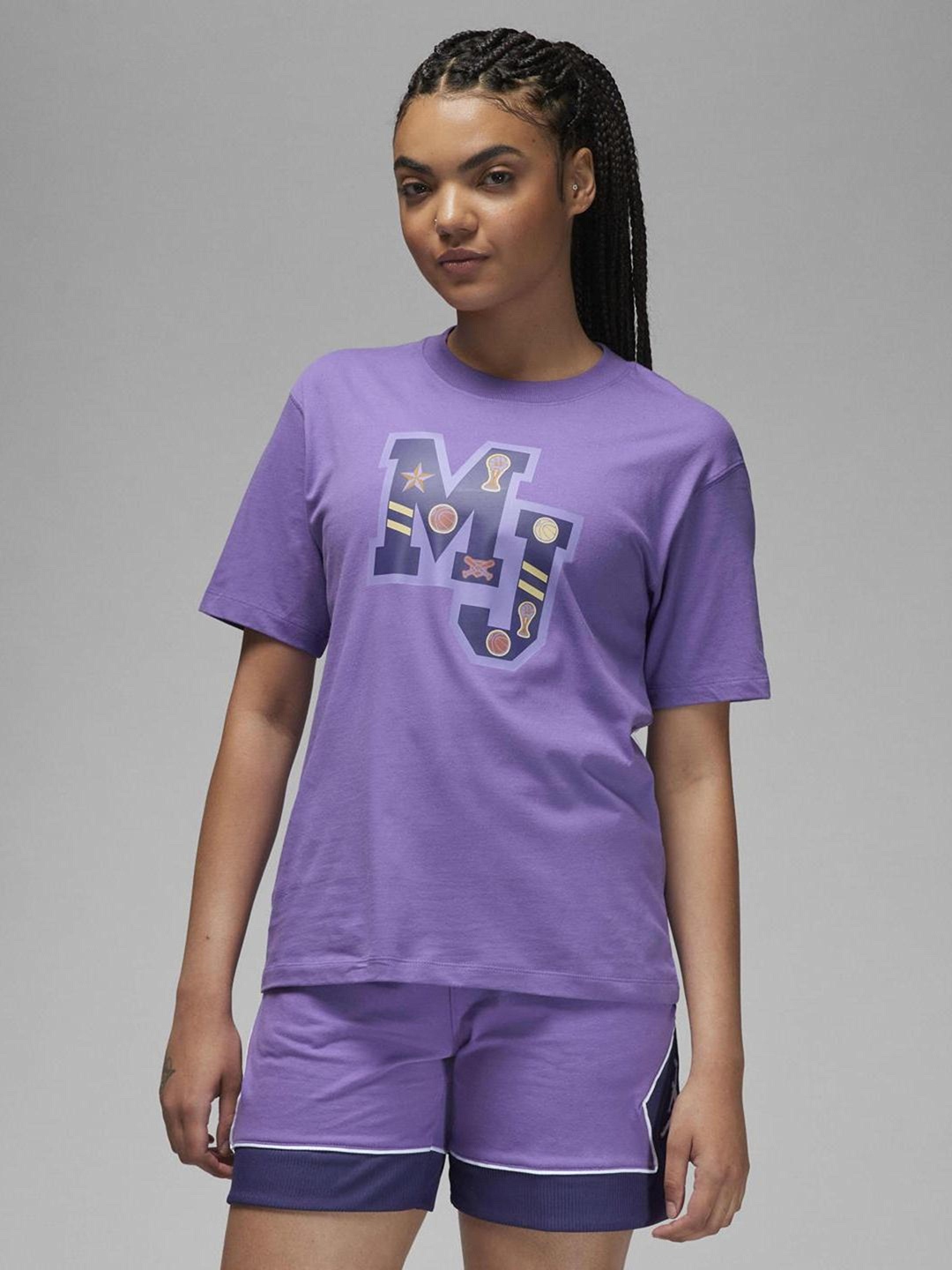 

Nike Women Jordan Graphic Printed Loose-Fit Girlfriend T-Shirt, Purple