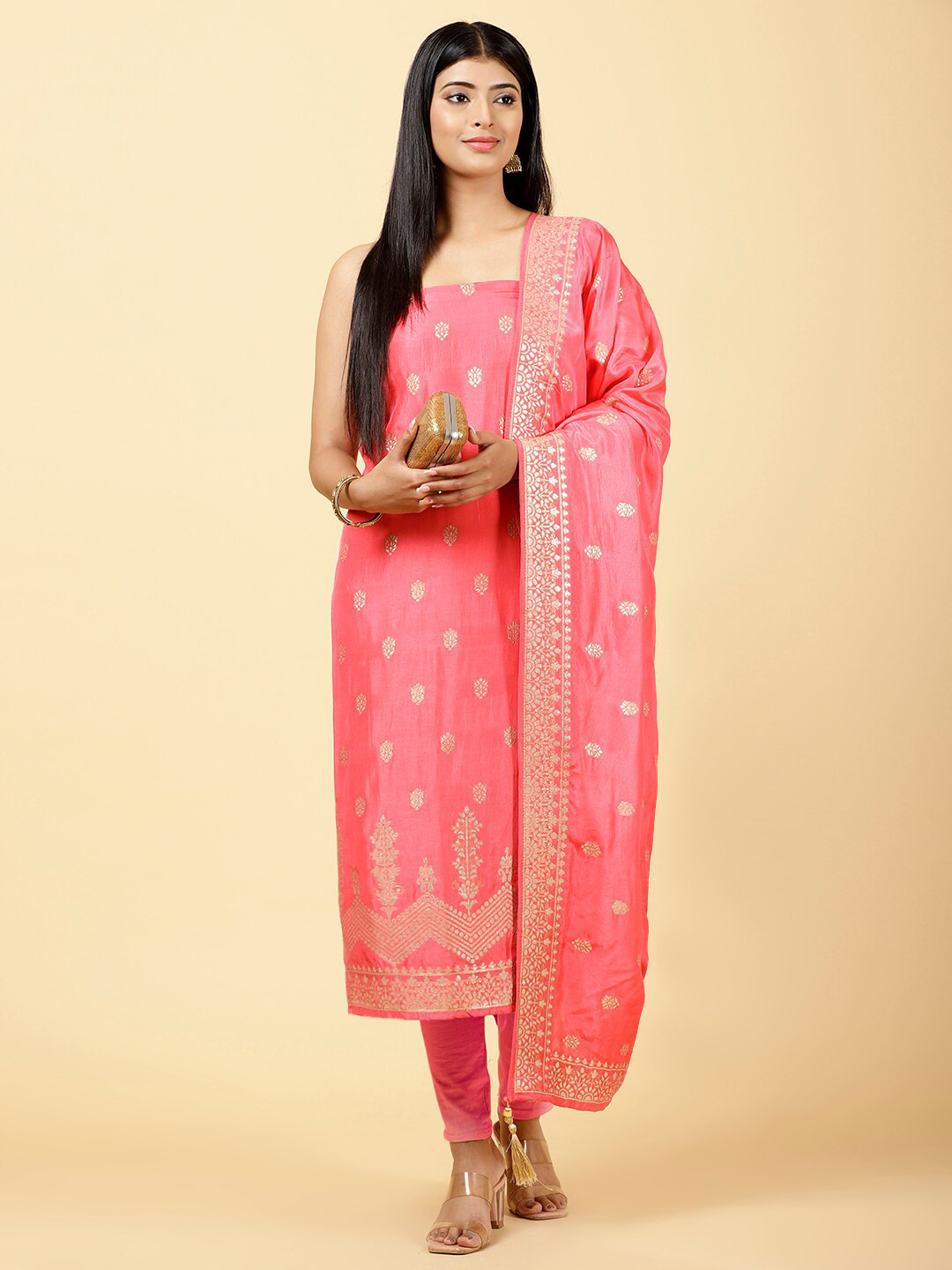 

Meena Bazaar Ethnic Motifs Woven Design Art Silk Unstitched Dress Material, Coral