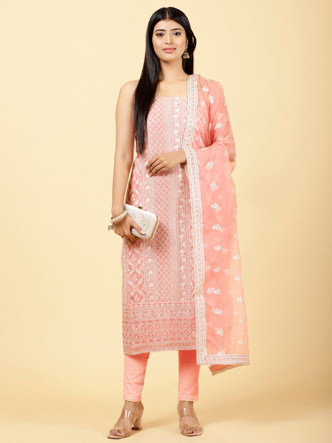 

Meena Bazaar Floral Embroidered Organza Unstitched Dress Material, Pink