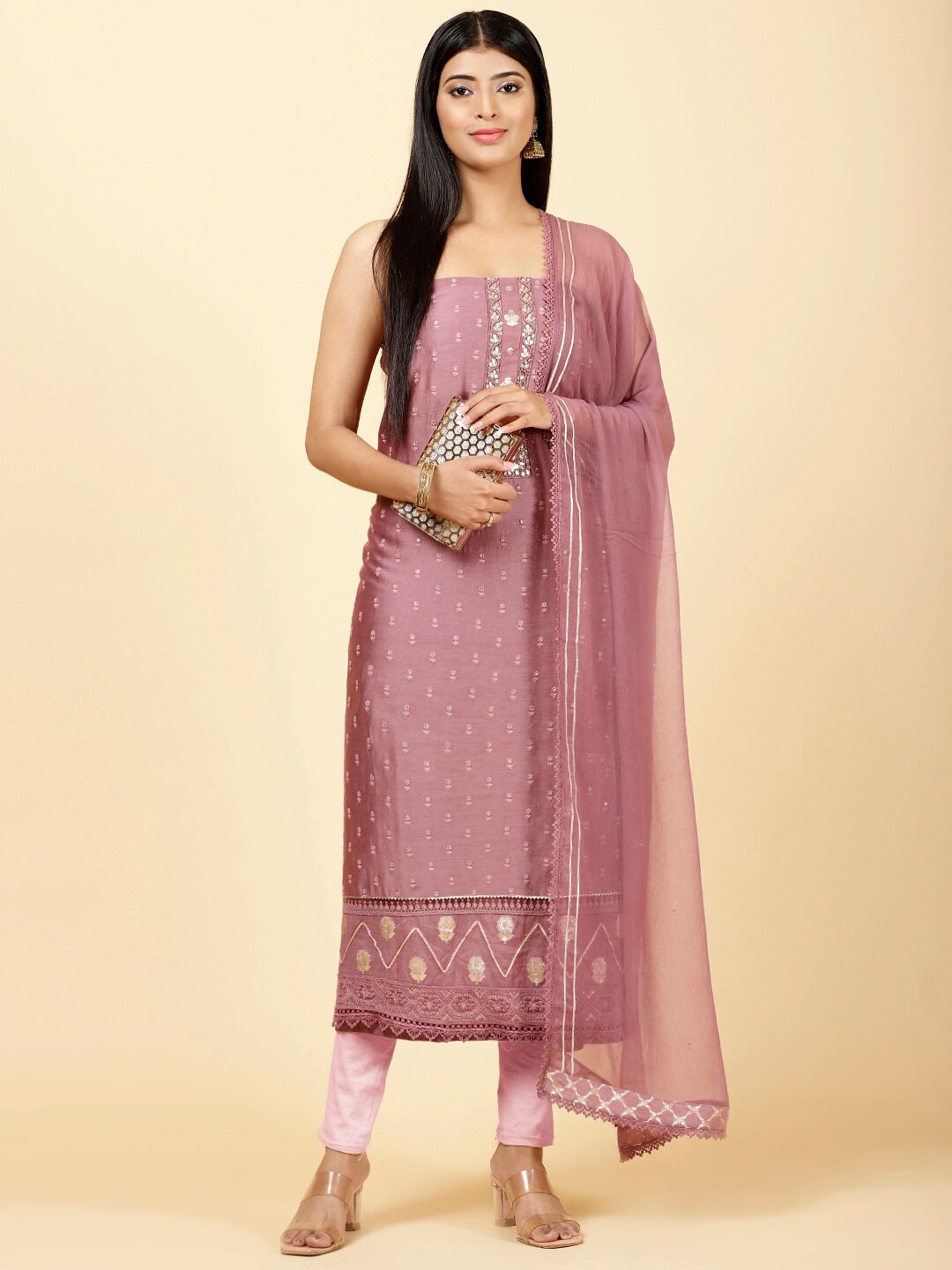 

Meena Bazaar Floral Embroidered Art Silk Unstitched Dress Material, Mauve