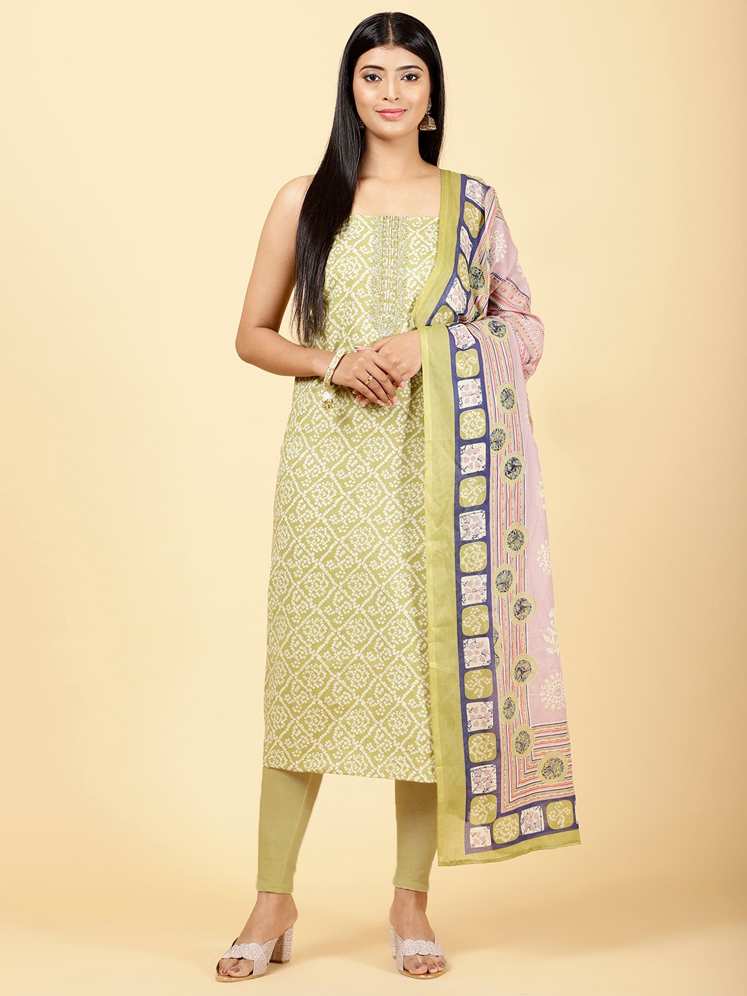 

Meena Bazaar Bandhani Printed Unstitched Dress Material, Green