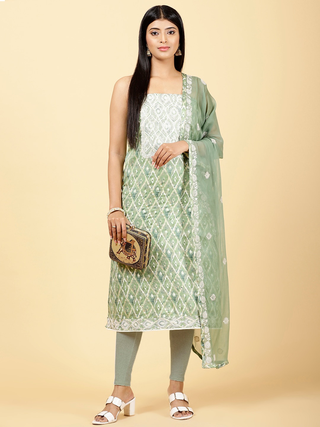

Meena Bazaar Ethnic Motifs Printed Unstitched Dress Material, Green