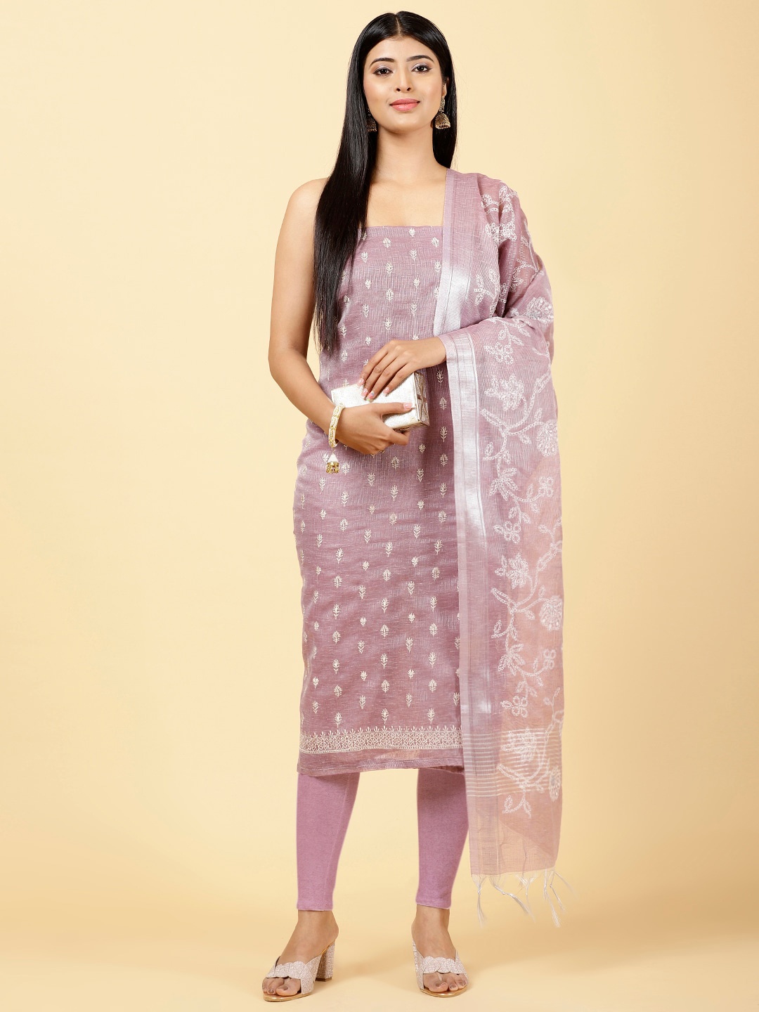 

Meena Bazaar Floral Embroidered Art Silk Unstitched Dress Material, Pink