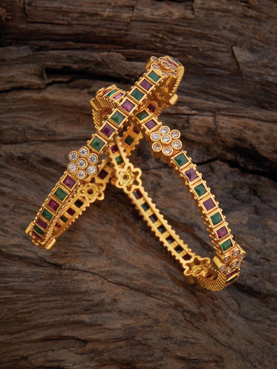 

Kushal's Fashion Jewellery Set Of 2 Gold-Plated Stone Studded Temple Bangles