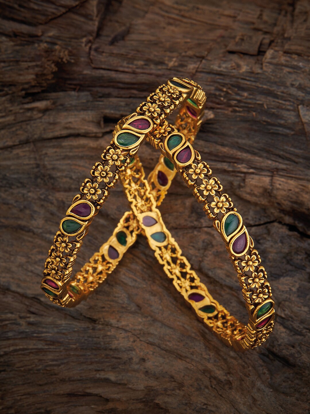 

Kushal's Fashion Jewellery Set Of 2 Gold-Plated Stone-Studded Oxidised Bangles