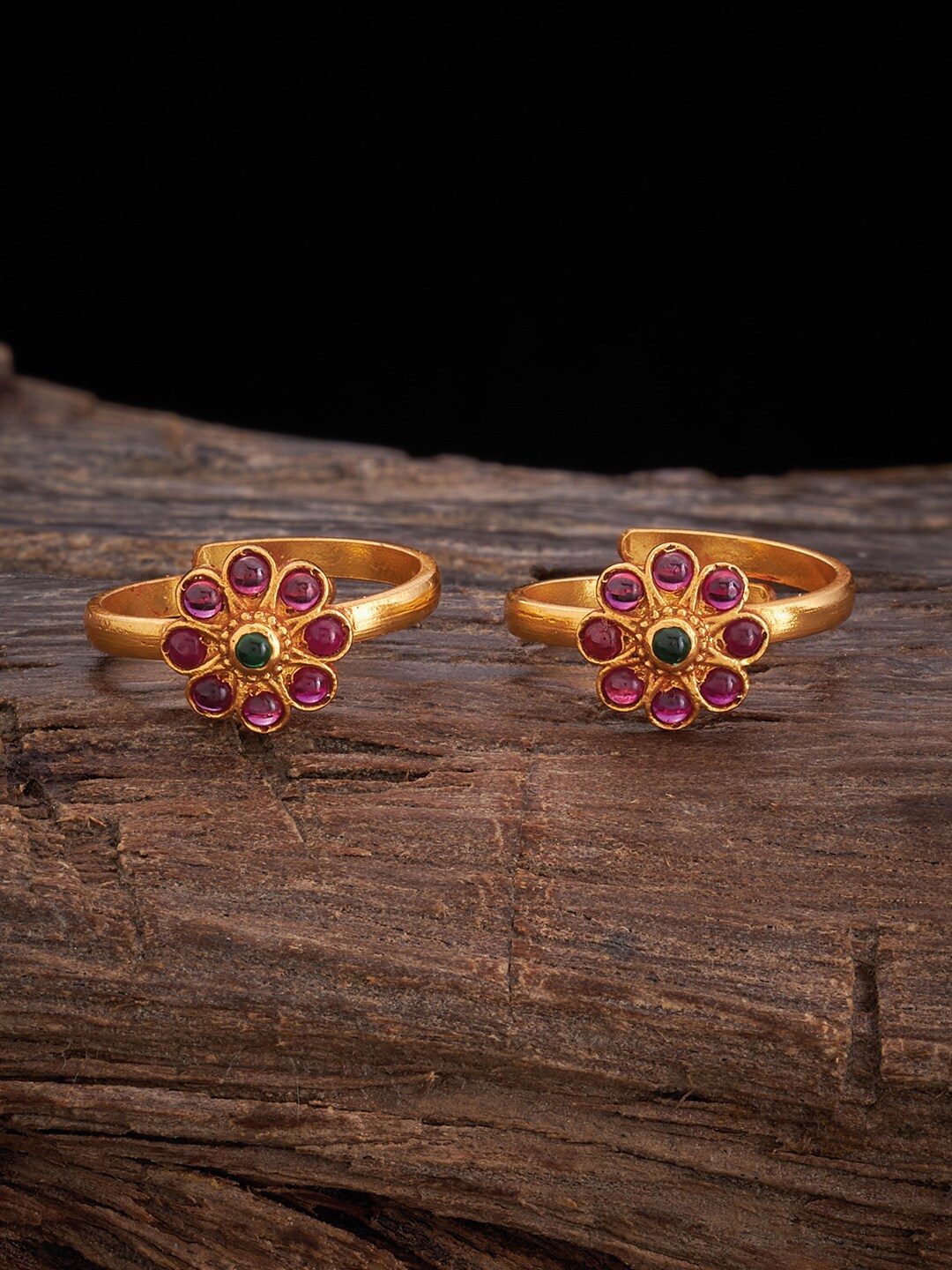 

Kushal's Fashion Jewellery Set Of 2 Gold-Plated Stone-Studded Pure Silver Toe Rings