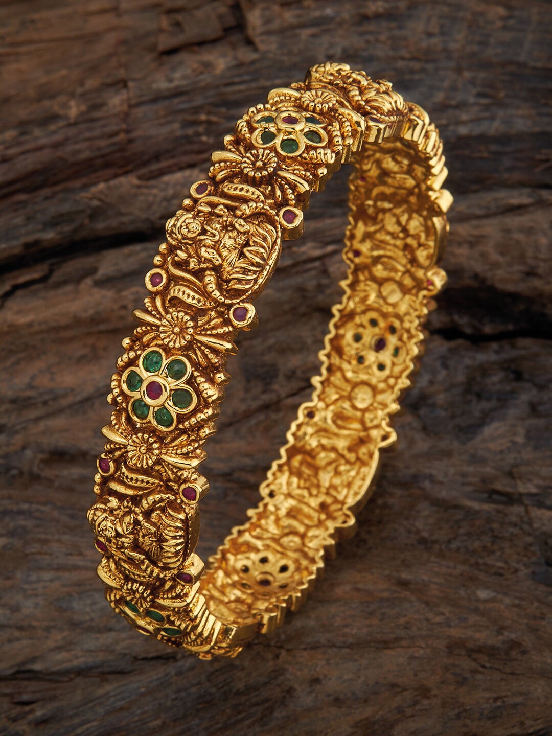 

Kushal's Fashion Jewellery Pure Silver Gold-Plated Stone Studded Antique Bangle