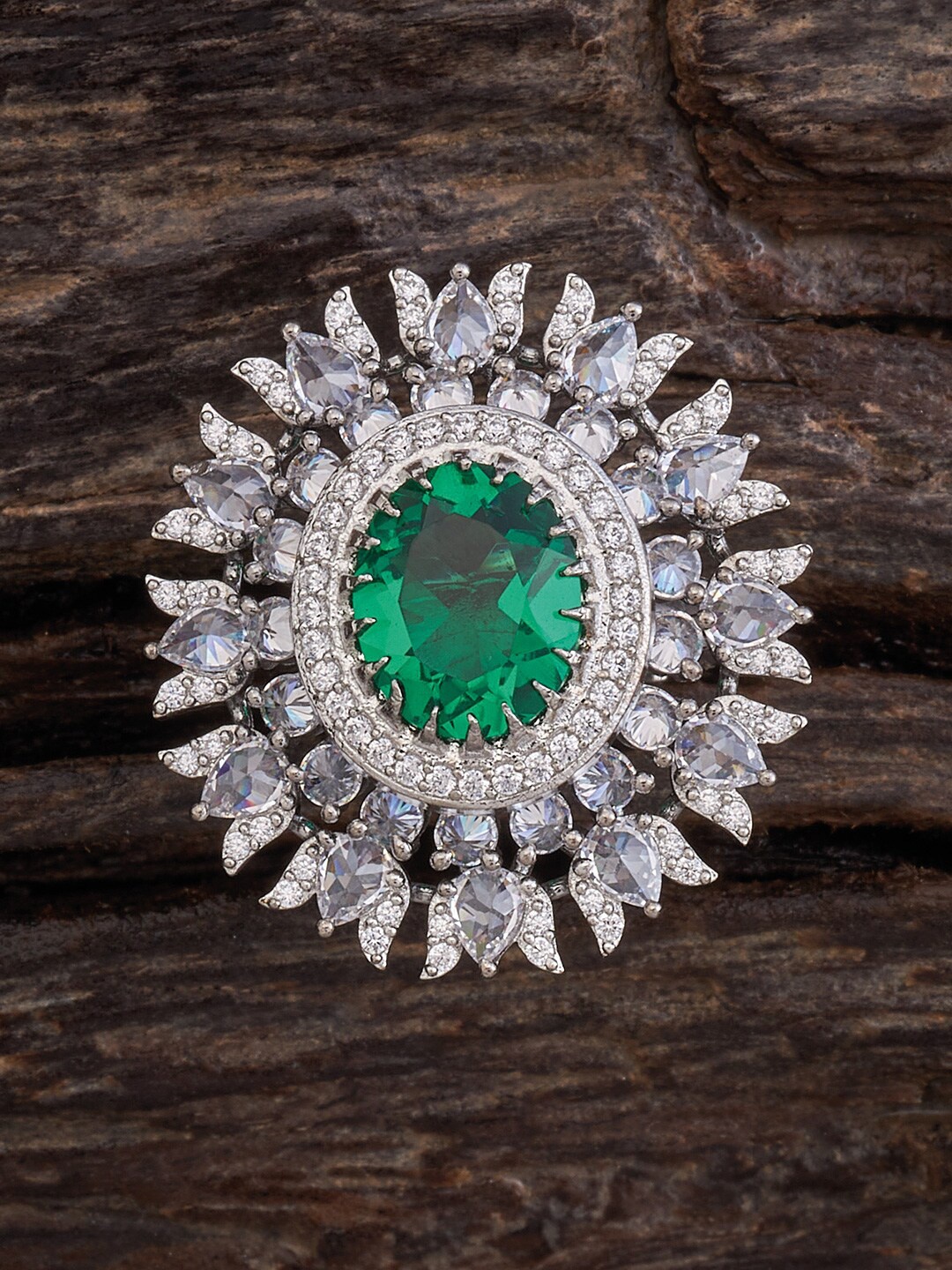 

Kushal's Fashion Jewellery Rhodium-Plated Cubic Zirconia Studded Finger Ring, Green
