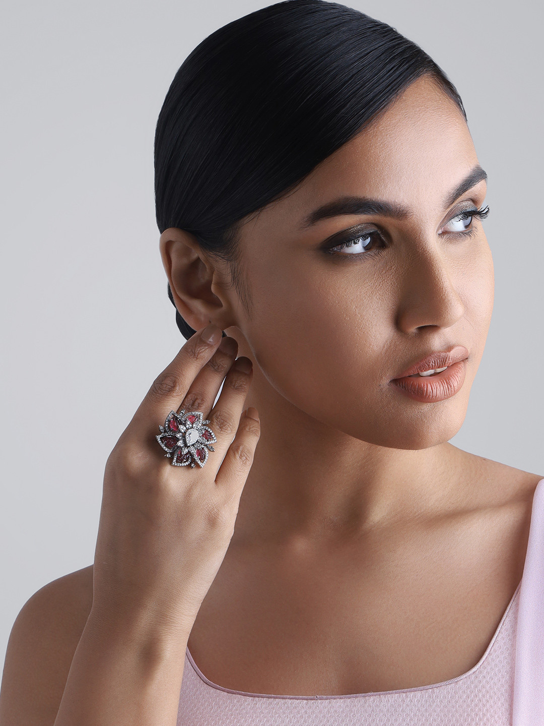 

Kushal's Fashion Jewellery Rhodium-Plated Cubic Zirconia Studded Adjustable Finger Ring, Silver