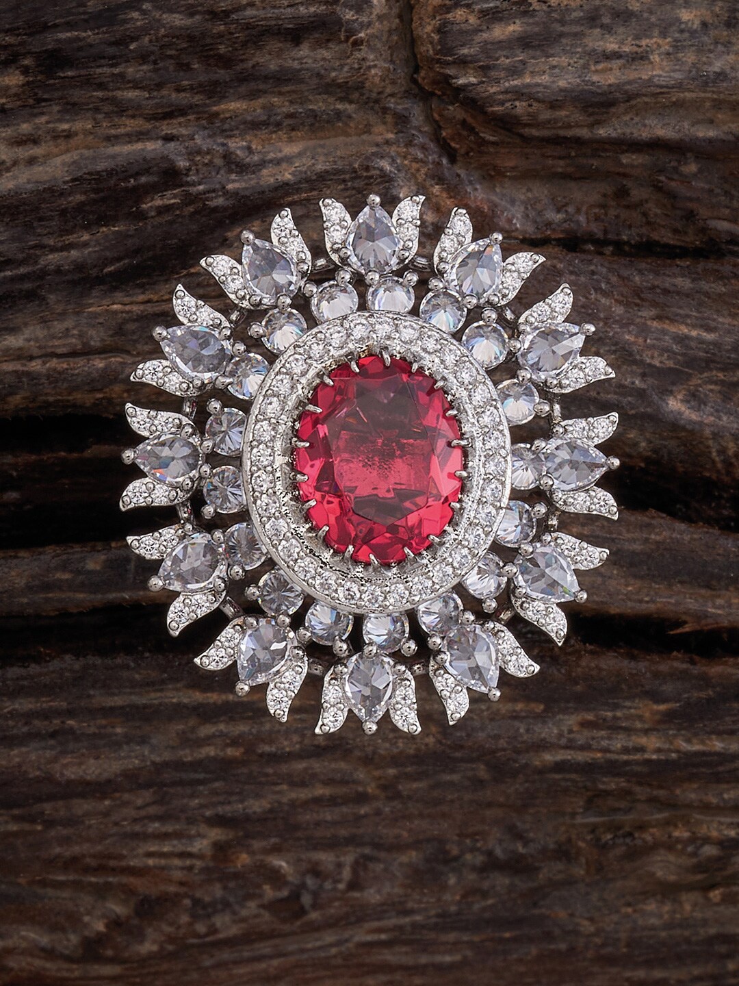 

Kushal's Fashion Jewellery Rhodium-Plated Cubic Zirconia Studded Finger Ring, Red
