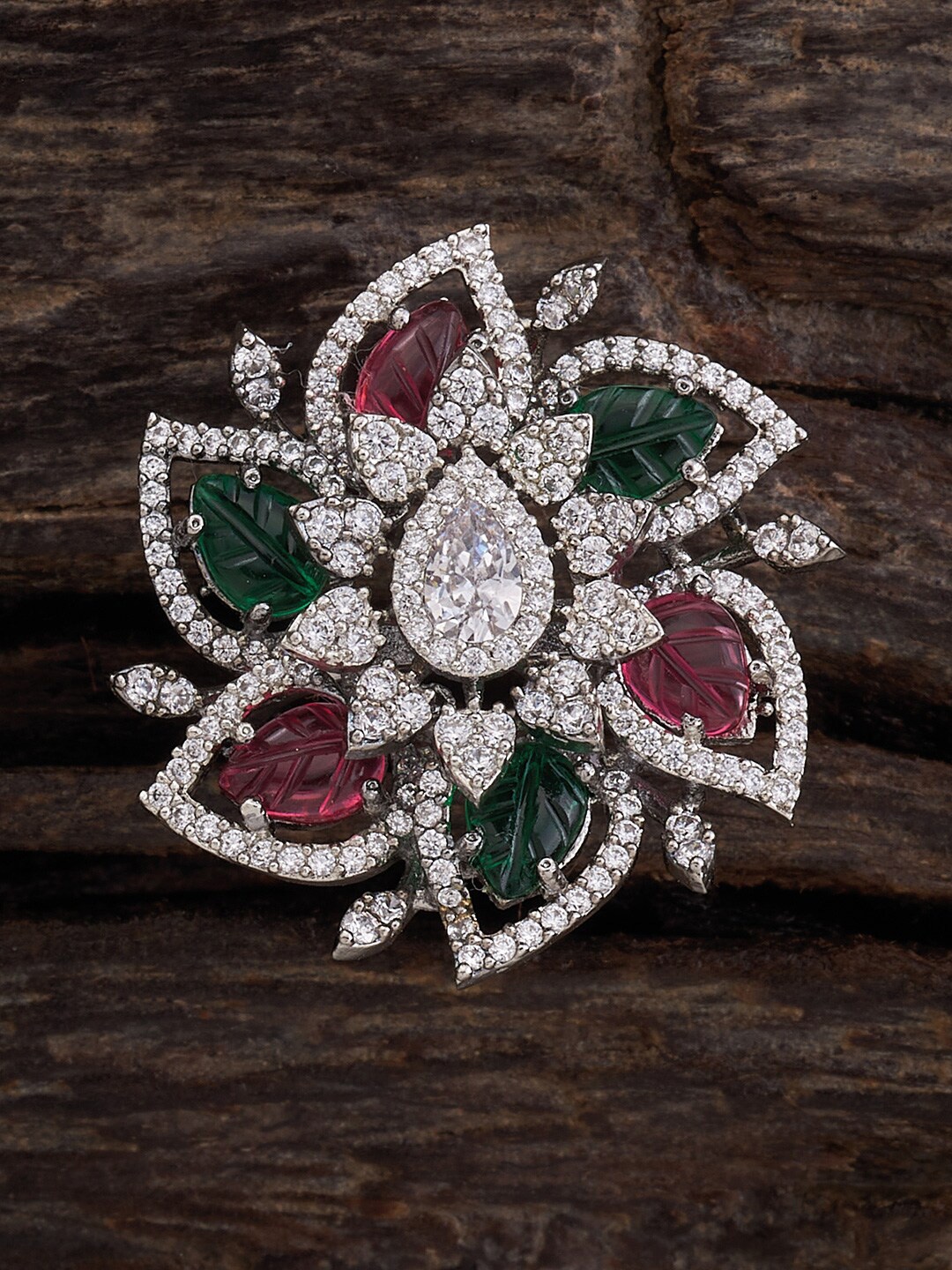 

Kushal's Fashion Jewellery Rhodium-Plated CZ Studded Finger Ring, Red