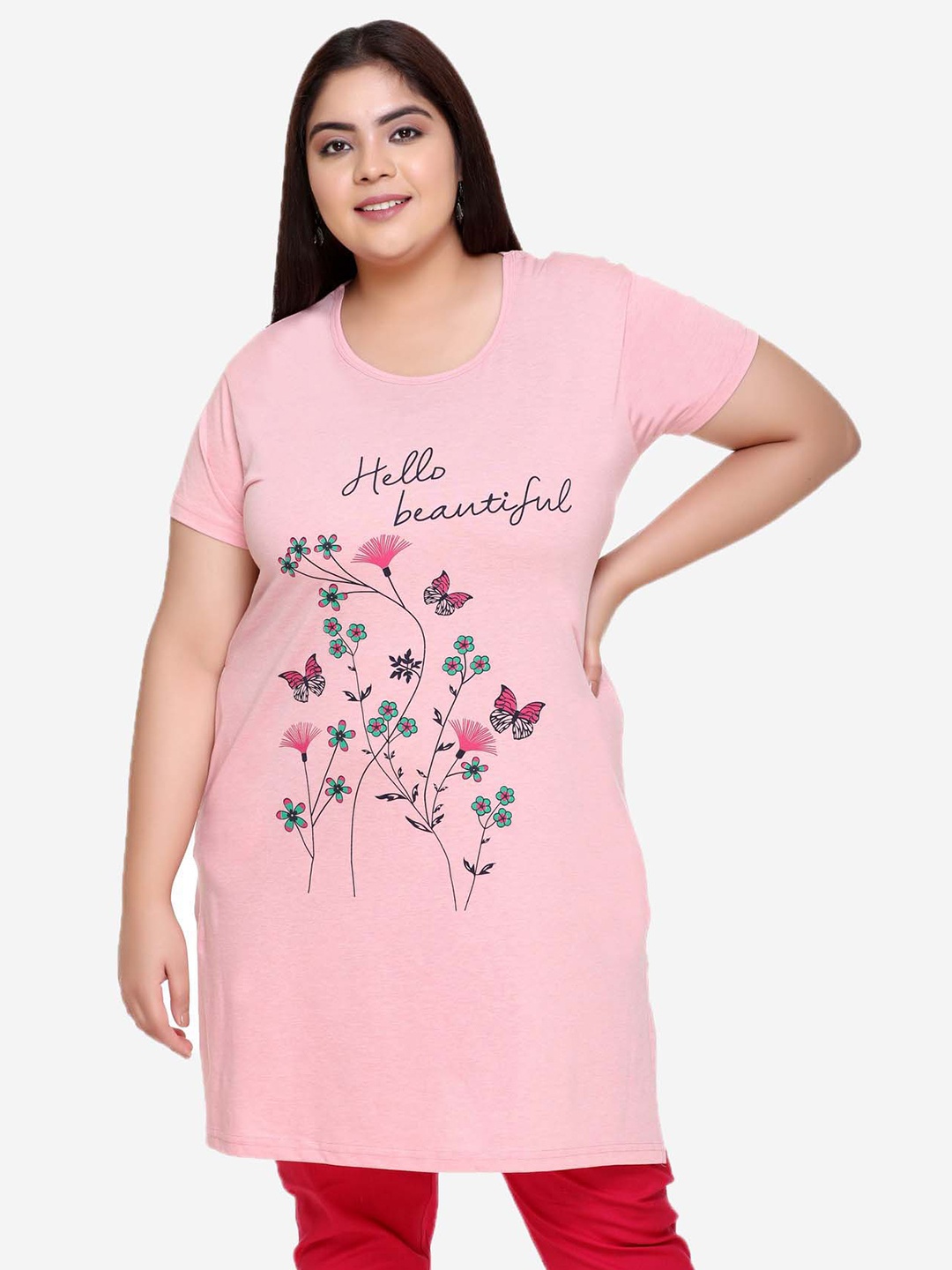 

IN Love Floral Printed Cotton Longline Lounge Tshirts, Pink