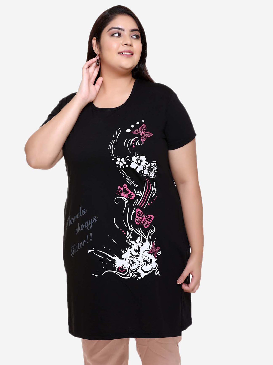 

IN Love Graphic Printed Cotton Longline Nightwear T-Shirt, Black